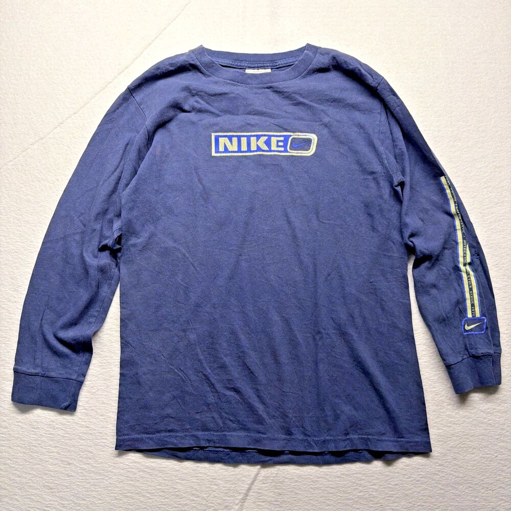 Vintage 90s Nike Spellout Long Sleeve Faded Blue T-Shirt Youth MD or Women's SM